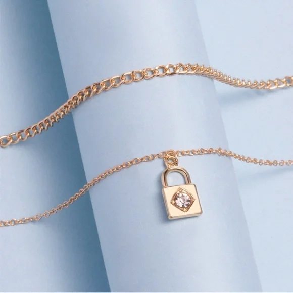 Elegant Gold Color Layered Necklace with Lock Pendant - Picture 2 of 9